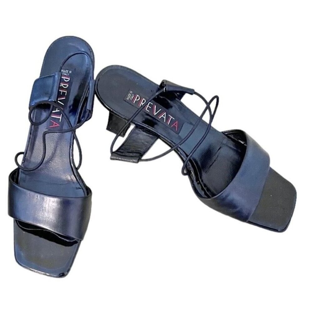PREVATA ITALIAN LEATHER BLACK SQUARE OPEN TOE HEELED MULES SIZE 7